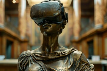 Fototapeta premium Bronze statue wearing virtual reality headset in an ornate library setting, blending classical art with modern technology.