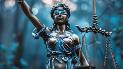 Blindfolded Lady Justice statue holding scales, symbolizing law, fairness, and equality, set against a blurred blue background.