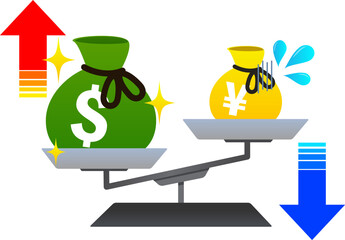 Illustration of weak yen and strong dollar with arrows