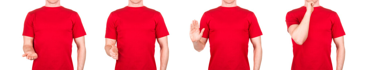Man in red t-shirt showing or holding something in his arm on white background
