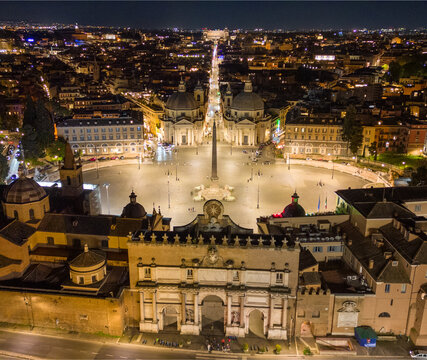 Beautiful Drone Shot Above Piazza del Popolo at Night in Rome, Italy