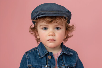 Adorable young boy with blue eyes wearing a denim jacket and cap, looking serious against a pink background