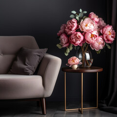 peony bouquet in dark room interior, Generative AI
