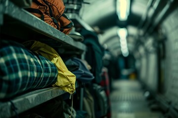 Underground refuge, scattered belongings, soft overhead light, close-up, intimate and somber, transient lives