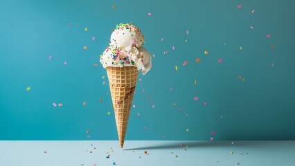 Leckere süße Eiswaffel mit Kugel Eis auf Türkis Hintergrund mit Textfreiraum für Werbung
