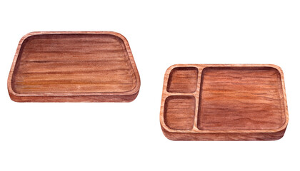 High quality wooden trays featuring one solid tray and one with compartments. Natural brown tray add rustic touch to any space, combining beauty with functionality. Watercolor illustration for serving
