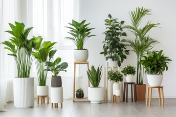 many green houseplants in white modern room interior, Generative AI