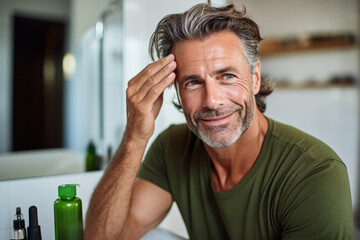 mature man applying moisturizer on face looking in mirror, Generative AI