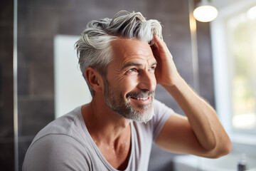mature man styling his hair looking in mirror, Generative AI