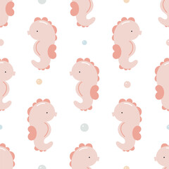 Seamless pattern with cute seahorse. Sea character. For for kids design, fabric, wrapping, cards, textile, wallpaper, apparel. Isolated vector cartoon illustration in flat style on white background.
