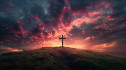 Obraz premium A cross stands on a hill silhouetted against a dramatic sky with vibrant sunset colors and clouds, capturing themes of faith, hope, and spirituality.