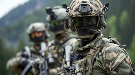 Elite soldiers in camouflage gear standing alert in a forested area, equipped with tactical gear and advanced weaponry.