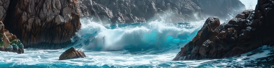 Obraz premium Dramatic ocean waves crashing against rocky cliffs, creating an adventurous and dynamic scene perfect for surf schools and adventure tourism companies. Generative AI