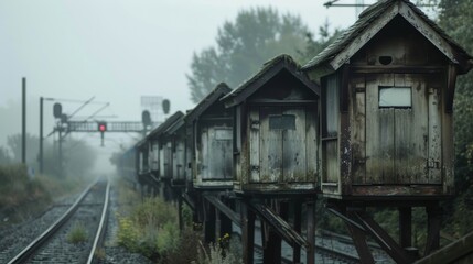 Rustic wooden signal boxes perched on metal stilts serving as vital communication hubs for train conductors.