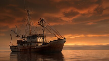 Fototapeta premium Fishing boat at sea during a captivating sunset with dramatic clouds and serene waters, capturing the essence of maritime twilight.