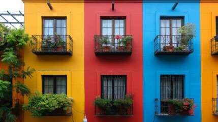 Obraz premium Colorful Balconies Adorned With Greenery on a Sunny Day in a Vibrant City. Generative AI