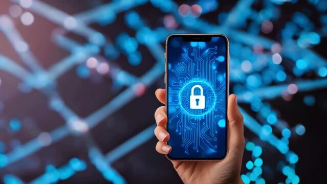 A hand holding a smartphone with a padlock icon on the screen