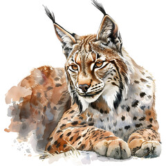 Obraz premium Beautiful watercolor of a resting lynx with intricate detail and vivid colors, isolated on transparency PNG background, perfect for nature and wildlife enthusiasts.