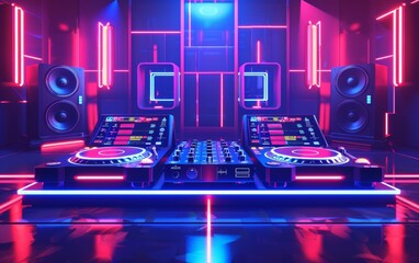 3D Music-Themed Background with Futuristic DJ Setup and Neon Lights