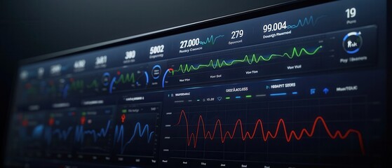 Futuristic data analysis dashboard displaying real-time analytics and performance metrics with colorful graphs and charts.