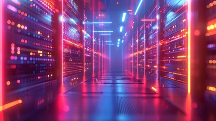 A vibrant, futuristic data center featuring colorful LED lights and high-tech server racks, showcasing modern technology and advanced computing infrastructure.