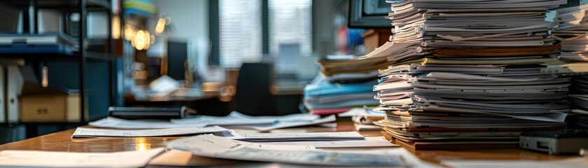 A cluttered office desk filled with stacks of documents and papers, capturing the essence of a busy modern workspace.