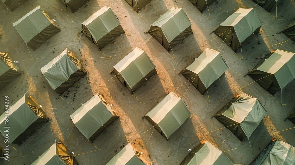 Poster aerial view of symmetrically arranged green tents geometric pattern and textured detail in bright da