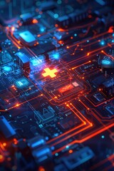 High-tech digital circuit board with a glowing red cross symbol, representing futuristic medical technology and innovation.