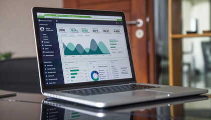 A laptop displaying data visualizations and metrics, highlighting advanced data analysis in a modern and organized workspace
