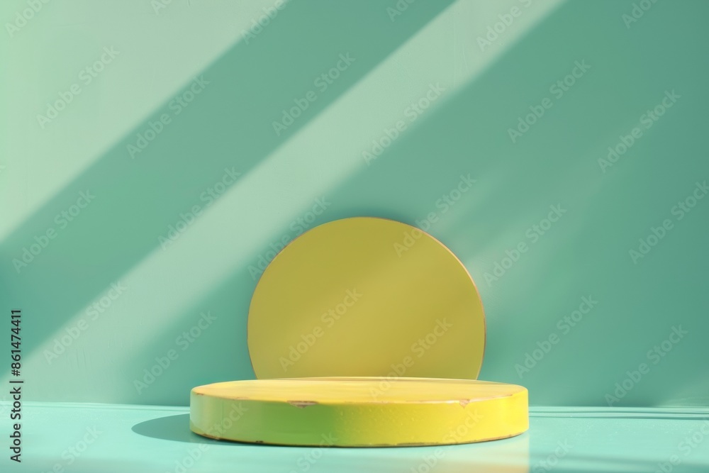 Aufkleber modern minimalist yellow podium on turquoise background for product display, soft natural lighting a