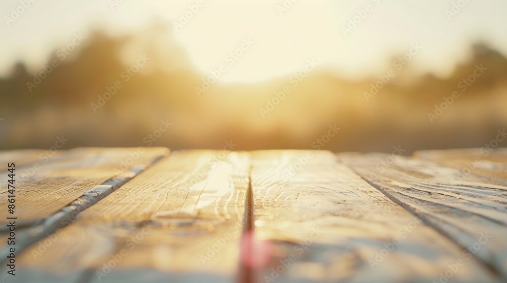Aufkleber sunny day at the beach warm, inviting wooden table surface with blurred sandy background perfect for