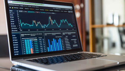 A laptop displaying various charts and graphs, focusing on data analysis and business metrics, in a professional and organized workspace