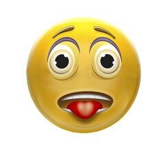 Smiley, trauriger Emoticon. Gelbes Gesicht mit Emotionen und roter Zunge. Gesichtsausdruck traurig, freigestellt mit transparenten Hintergrund