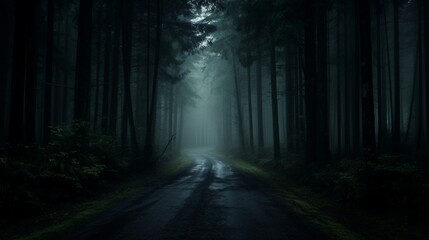 Atmospheric Forest Pathway Enveloped in Mist and Towering Trees with Lush Ferns. Generative AI
