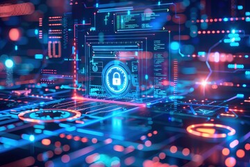 Fototapeta premium A vibrant digital security interface showcasing holographic elements, data protection symbols, and futuristic technology in a cyber environment.