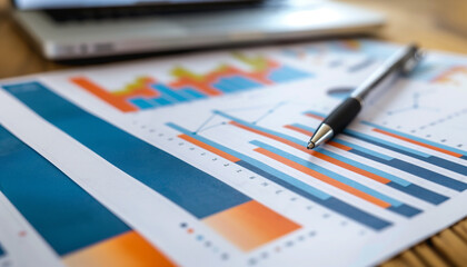 Close-up of colorful charts and graphs on paper with a pen, representing data analysis and business planning in a detailed and organized manner