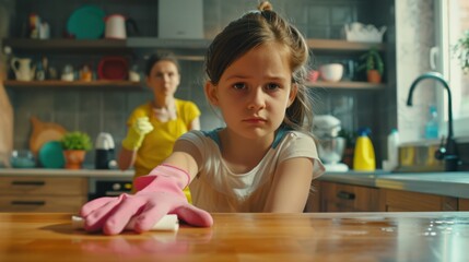 Fototapeta premium The girl with cleaning gloves