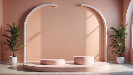 A space designed with a harmonious blend of orange hues, incorporating a circular table and floor planters, orange walls adorned with arches, portrayed in a 3D render, emphasizing light