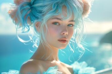 Fototapeta premium Woman With Blue Hair and Flowers Posing Against a Blue Background