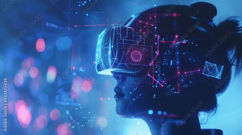Poster a person wearing a futuristic headset with symbols and patterns representing the transfer of thought