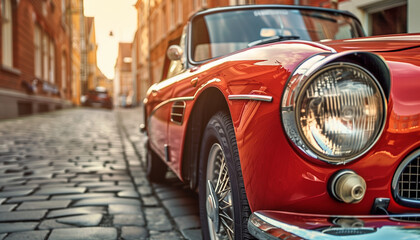 Fototapeta premium A pristine, red vintage sports car parked on a cobblestone street in an old town, shining under the warm light of the setting sun, exuding elegance and luxury