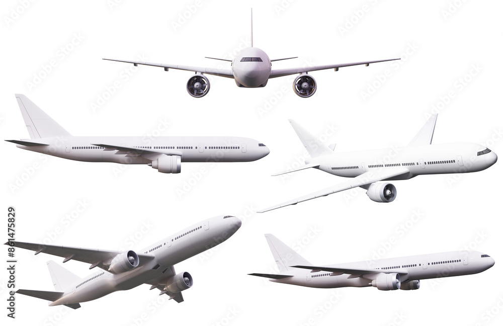Poster A collage of multiple commercial airplanes isolated on a white background, showcasing different angles and positions. 3D Rendering