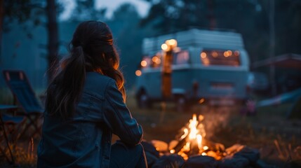 Fototapeta premium A female rest with camper van in wilderness camping site with camp fire at night.