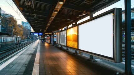 Fototapeta premium Modern Train Station with Illuminated Screen Billboards for Advertising and Information Display