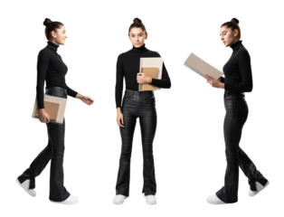 Three poses of a woman holding notebooks, dressed in black, against a white background, concept of versatility in professional settings