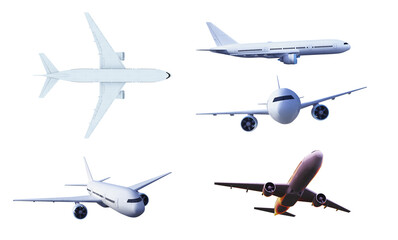 Set of different airplane models isolated on a white background, showcasing various angles and positions, concept of travel and transportation. 3D Rendering