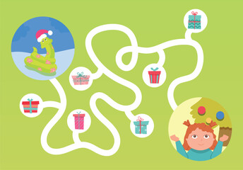 Vector maze game with gift. Gift for a child for New Year, Christmas.
