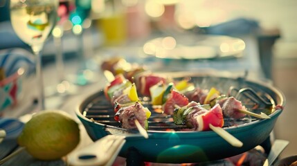 Summertime Outdoor Grilling Delicious Skewers Over Open Flame in a Rustic Setting at Sunset