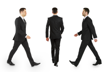 Three poses of a man dressed in a business suit walking, shown against a white background, depicting movement