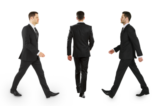 Three poses of a man dressed in a business suit walking, shown against a white background, depicting movement